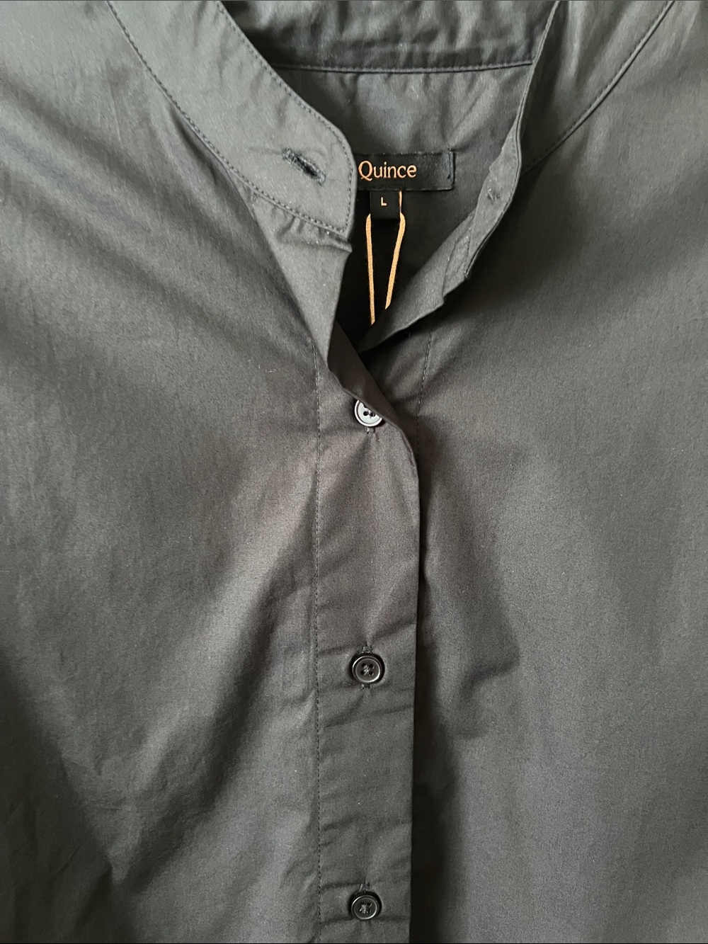 NWT Quince Cotton Poplin Puff Sleeve Button Front Band Collar Blouse Black Large - Picture 2 of 8